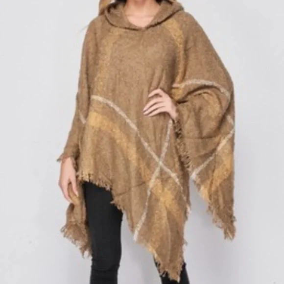 30  Boho Modern Plaid Hooded Fringed Poncho - Picture 2 of 2